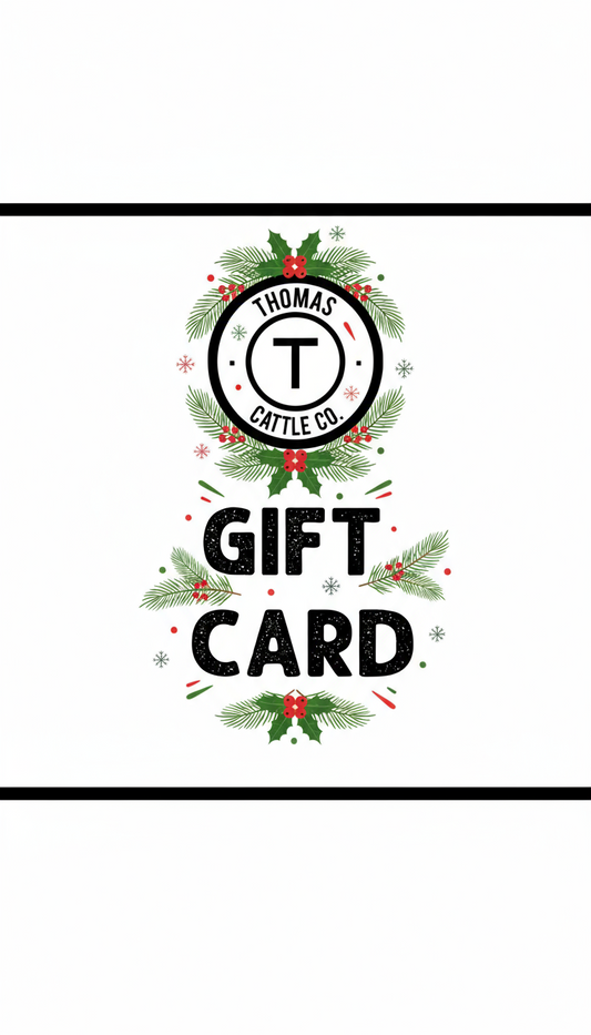 A TCC gift card featuring the Thomas Cattle Co. logo and the text 'GIFT CARD' on a white background.