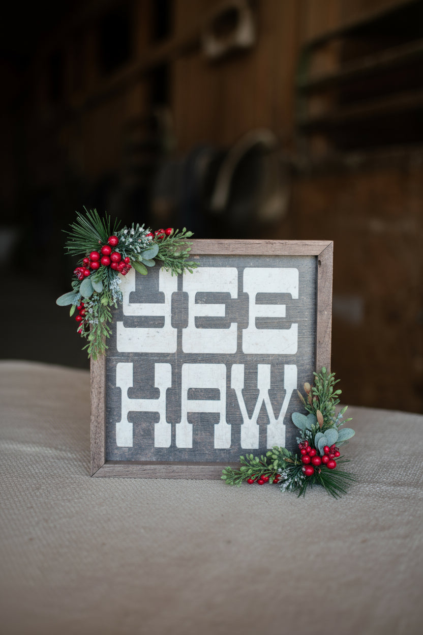 Framed sign with 'LEE HAW' text on a textured surface