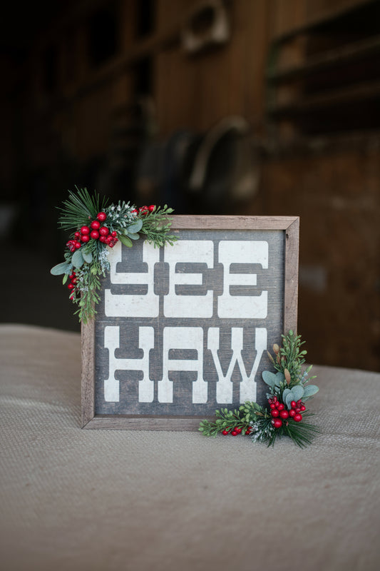 Framed sign with 'LEE HAW' text on a textured surface
