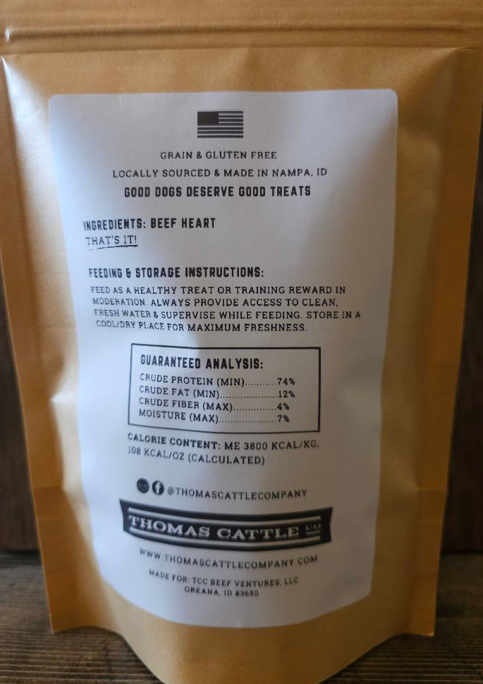 Back of a Thomas Cattle Company pet food package with text and labels.