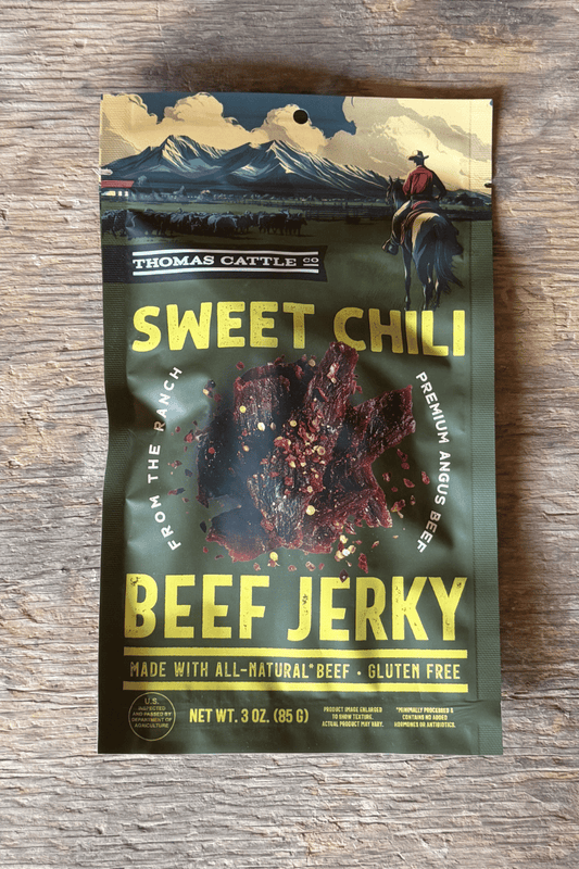3 oz bag of Thomas Cattle Sweet Chili Jerky