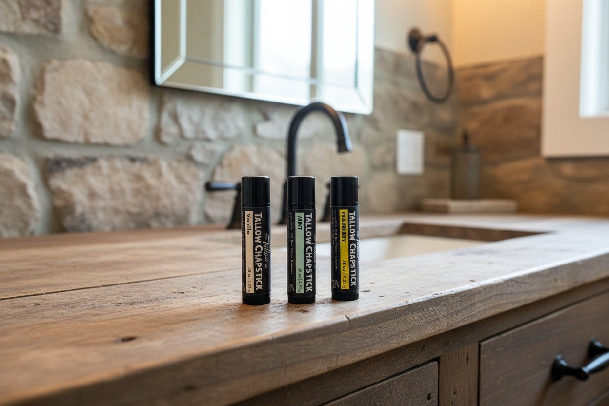 Three black chapsticks with labels on a wooden bathroom counter.