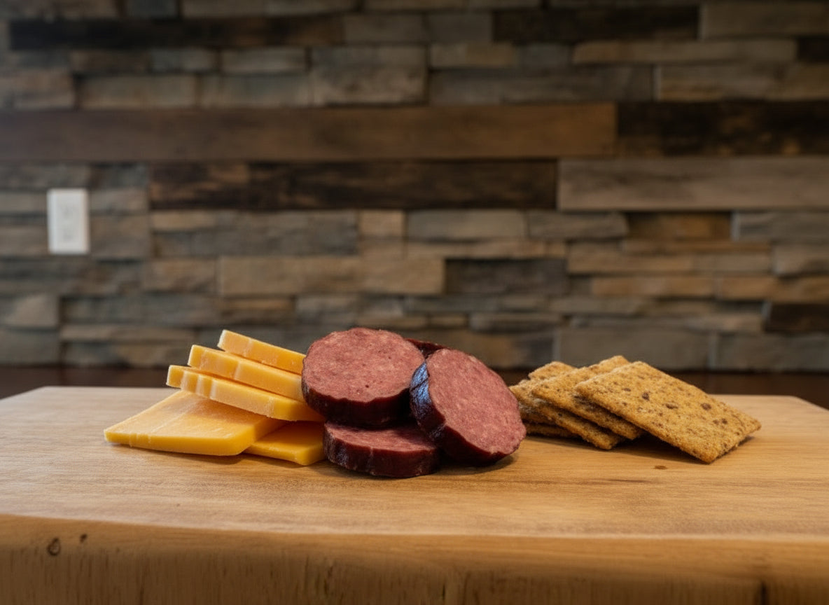 Sliced cheese, salami, and crackers on a wooden cutting board with a stone wall background