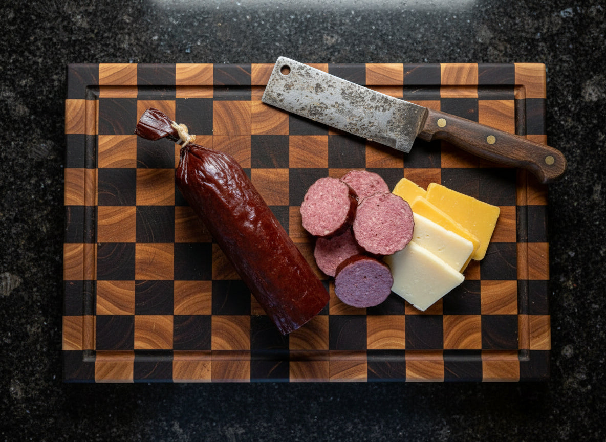 Wooden cutting board with sliced meats and cheese on a dark surface