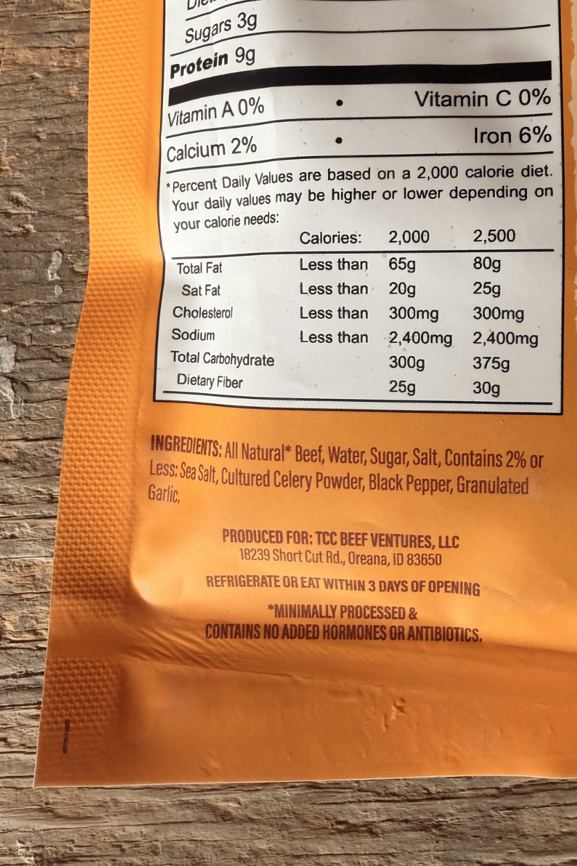Ingredients 3 oz bag of Thomas Cattle Original Jerky