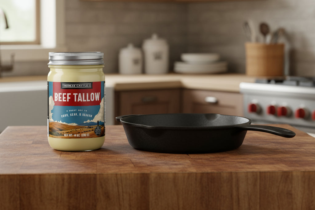 Jar of beef tallow on a wooden cutting board with a black cast iron skillet in a kitchen setting.