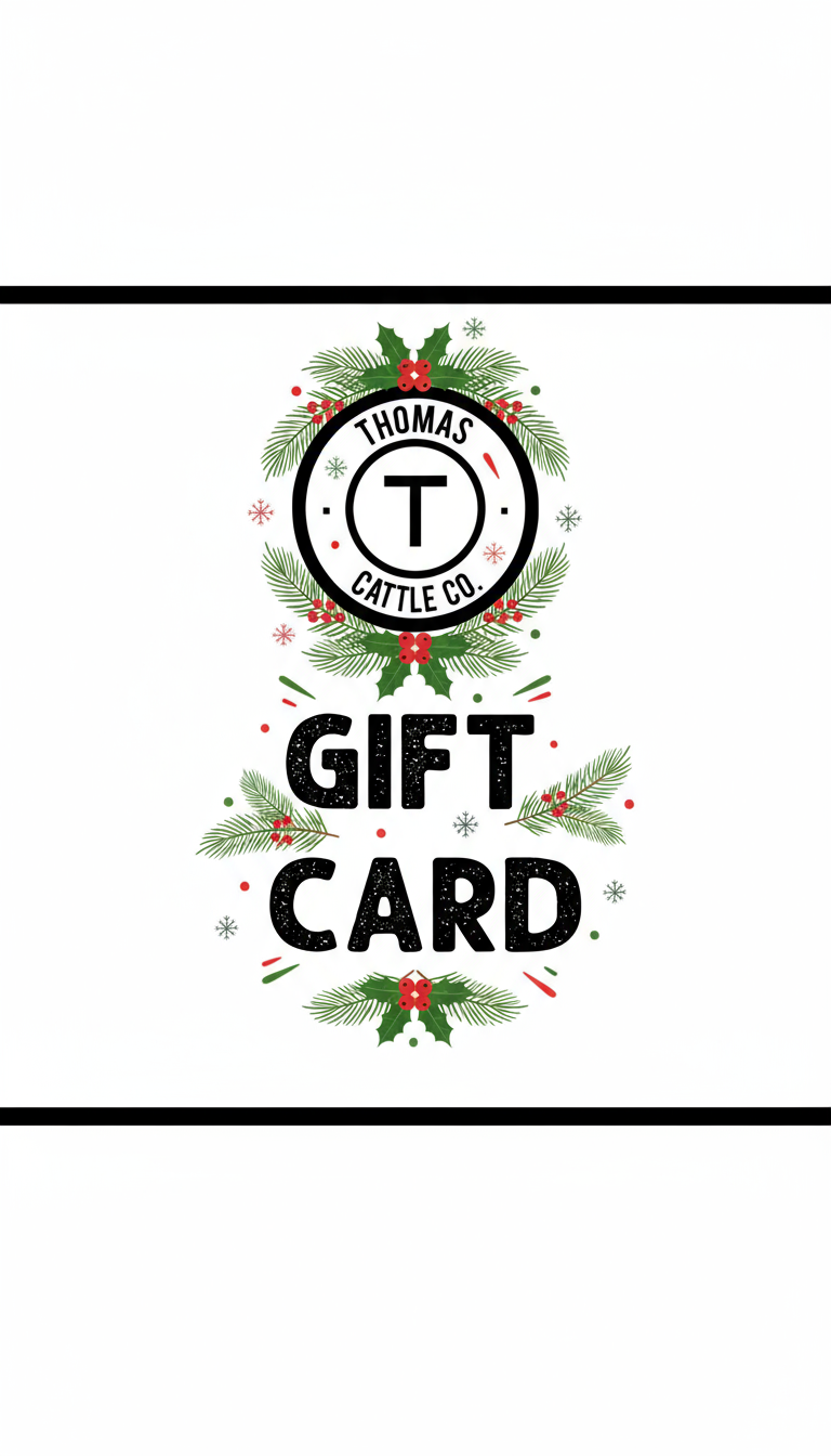 A TCC gift card featuring the Thomas Cattle Co. logo and the text 'GIFT CARD' on a white background.