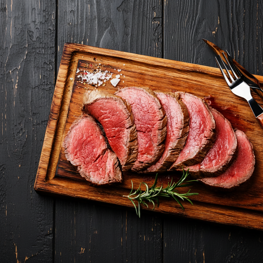 A whole tenderloin roast on a wooden cutting board, sliced in half to show the pink interior, with a sprig of rosemary on one side, placed on a dark textured surface with a fork in the background.