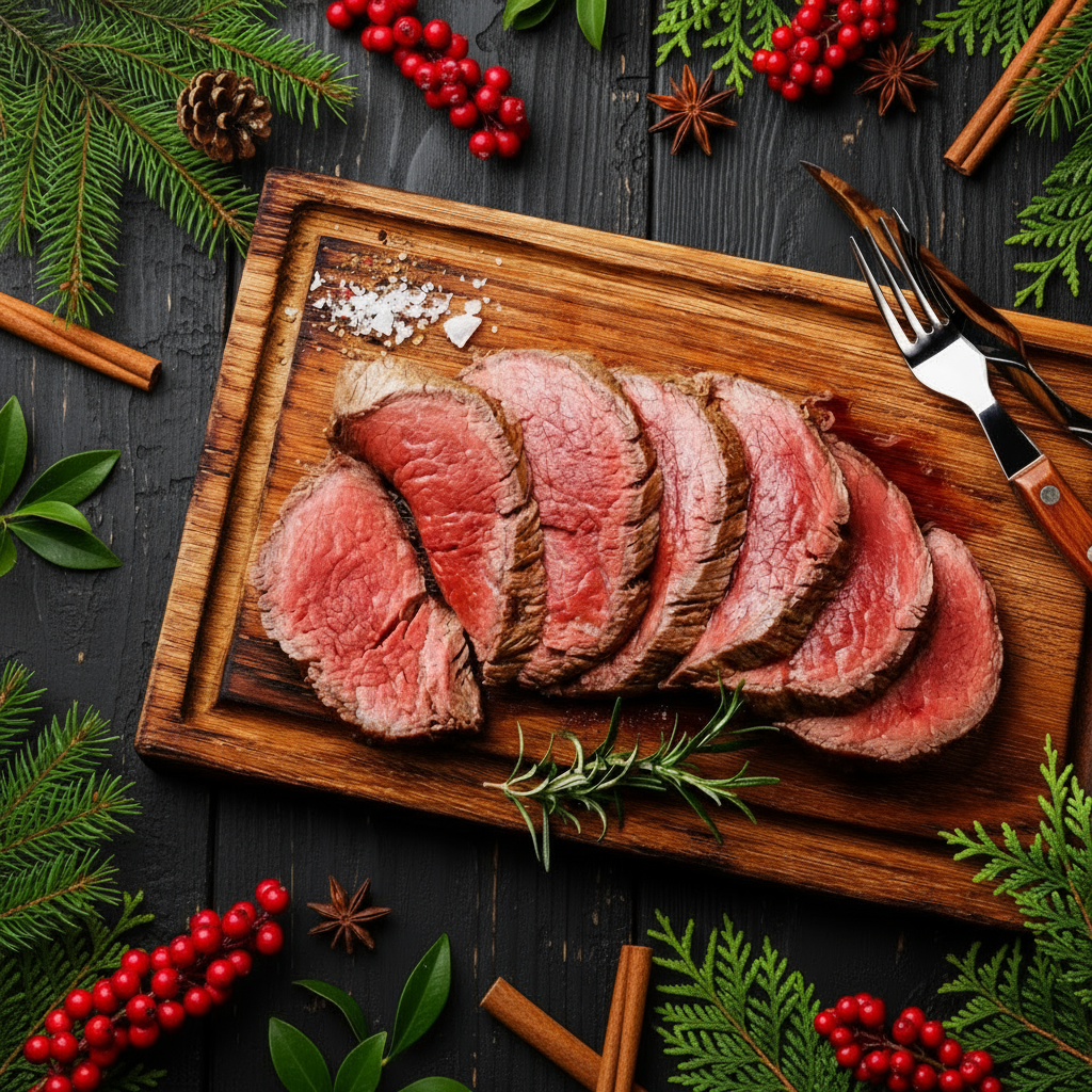 A whole tenderloin roast on a wooden cutting board, sliced in half to show the pink interior, with a sprig of rosemary on one side, placed on a dark textured surface with a fork in the background.