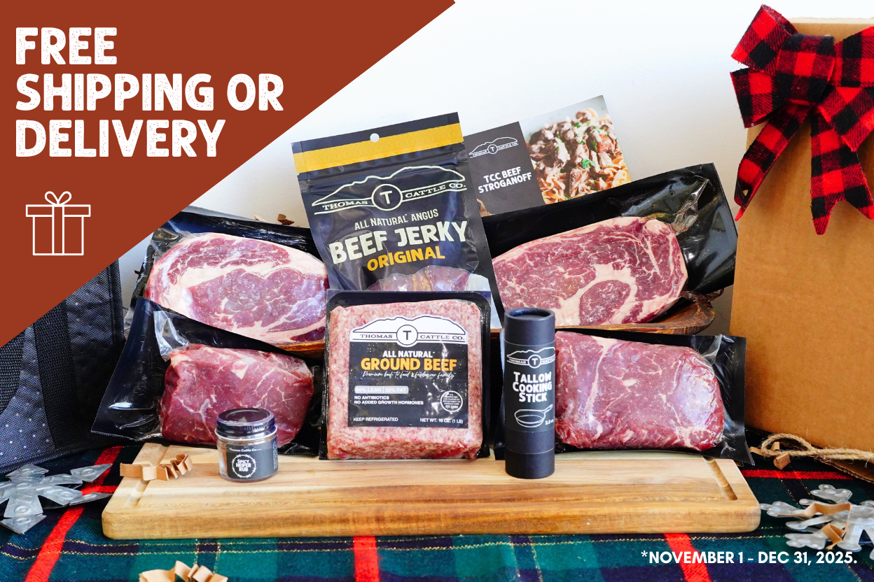 Assorted meats and jerky packages on a table with promotional text for free shipping or delivery.